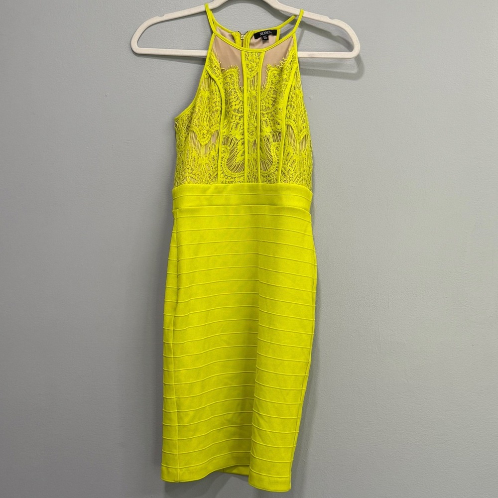 XOXO Neon Yellow Lace Halter Bodycon Bandage Dress 5/6 going out